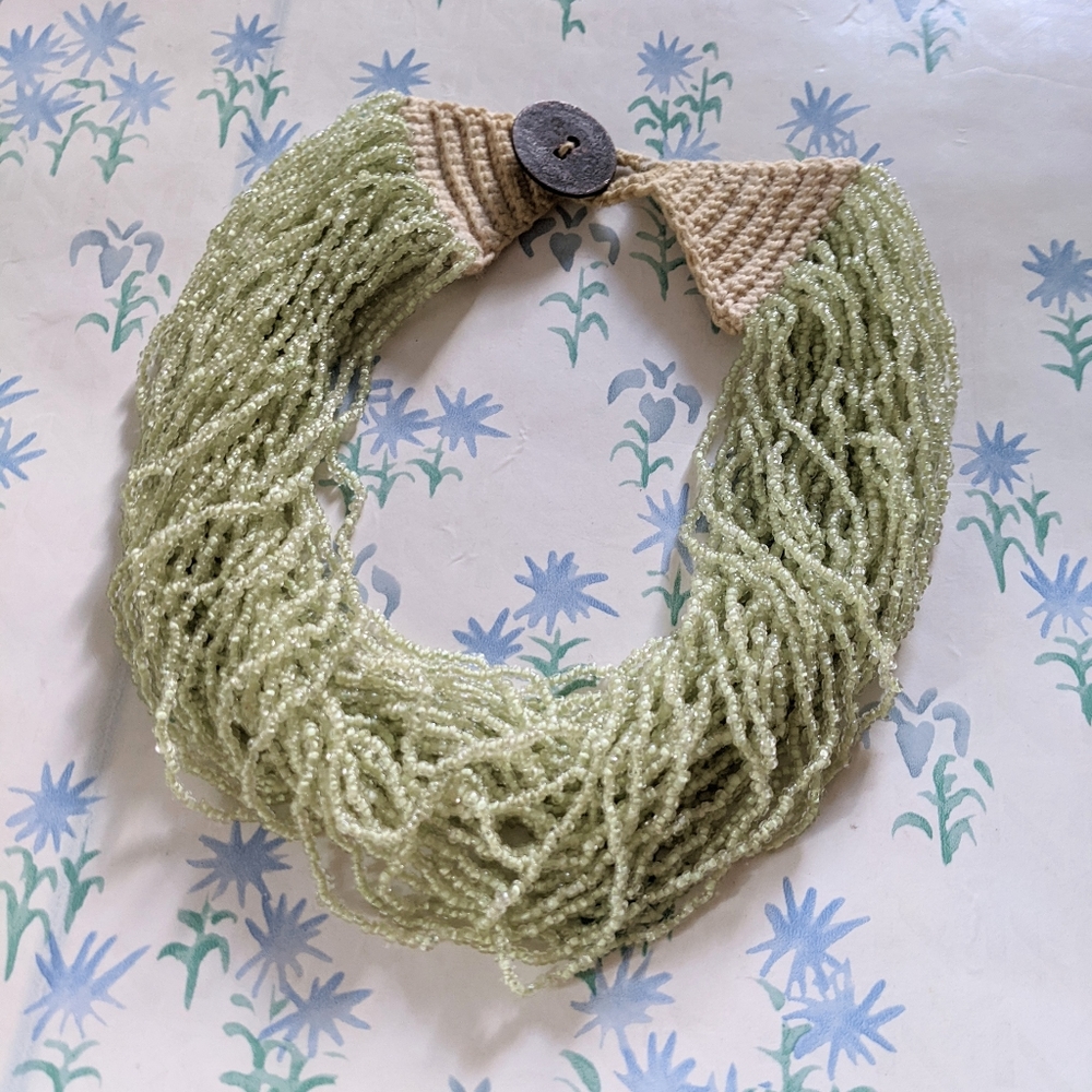 Vintage 60s Glass Beaded Pastel Lime Green Multi-Strand Necklace Naga Glass